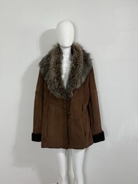 Y2K Neyelle Brown Faux Suede Jacket Faux Fur Collar Trim Penny Lane Coat Size L